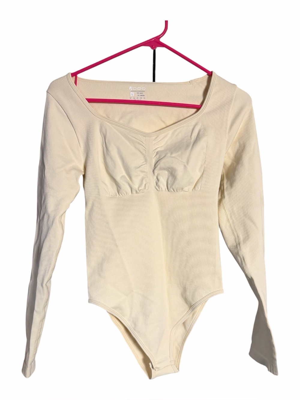 Cream Long-Sleeve Scoop Neck Bodysuit with Front Ruching